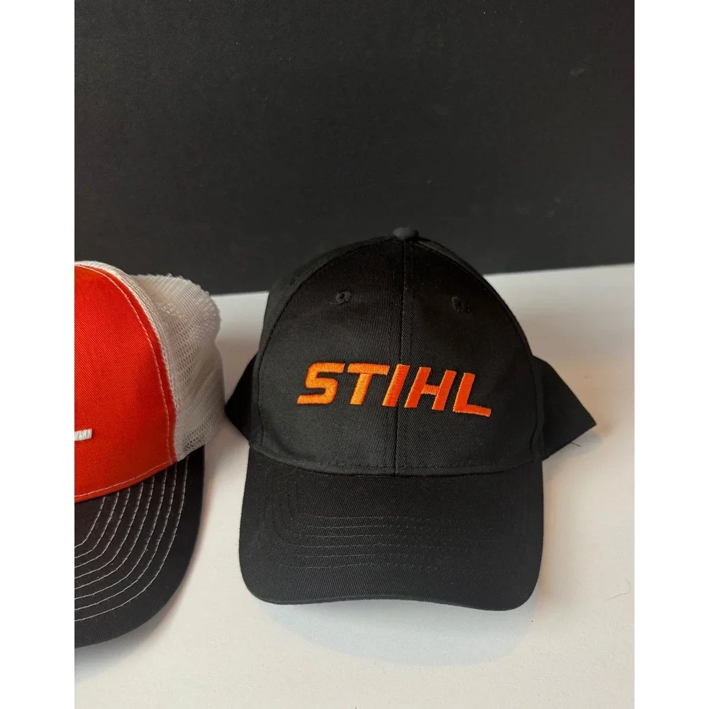 STIHL Hat Lot of 2 Black Orange Mesh Trucker Snapback Adjustable Baseball Caps